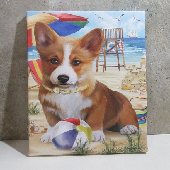 Corgi Dog Pet Friendly Beach Canvas Wall Art Home Decor 12x10 - Picture 2 of 5
